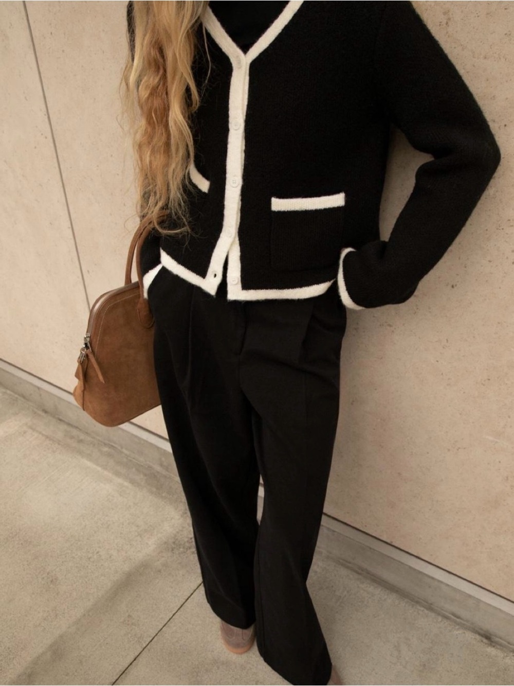 Oak + Fort Contrast Trim Black & White Button Up Cardigan